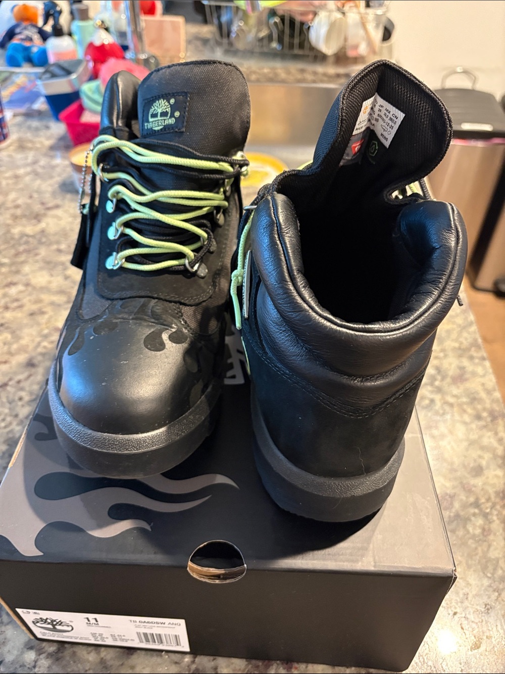 Loso.Wav Custom Timberland Black Boots with Lime Laces Flame - Picture 8 of 10